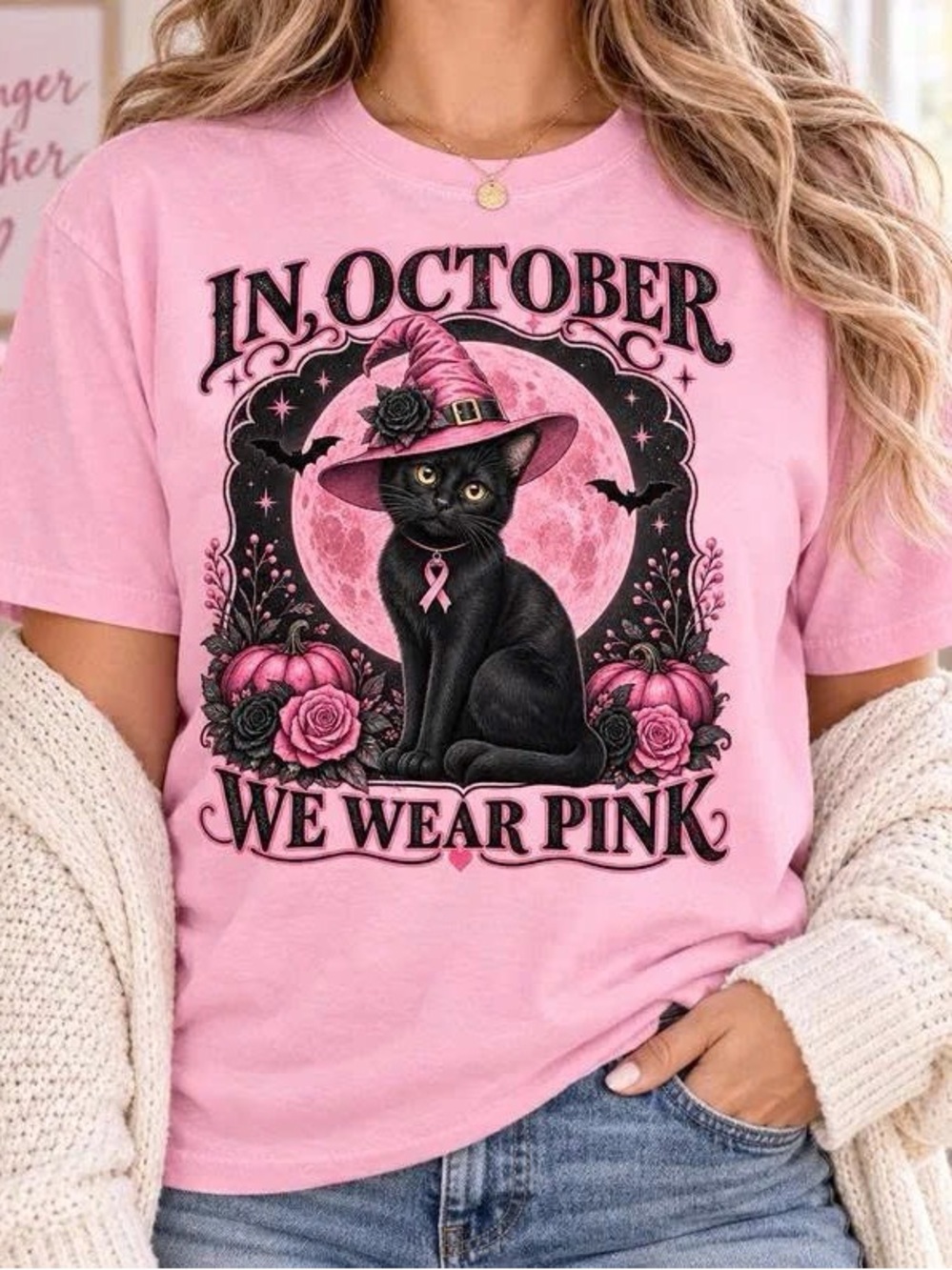 Gildan Pink Witch Hat Black Cat Graphic Tee